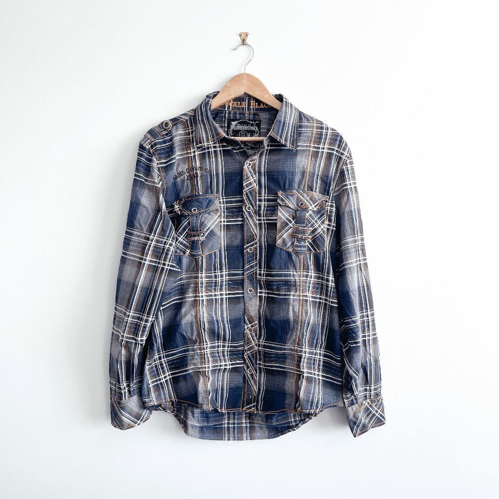 Buckle Black Western Mens Shirt Snap Up Long Sleeve Plaid Blue Slim Fit XL